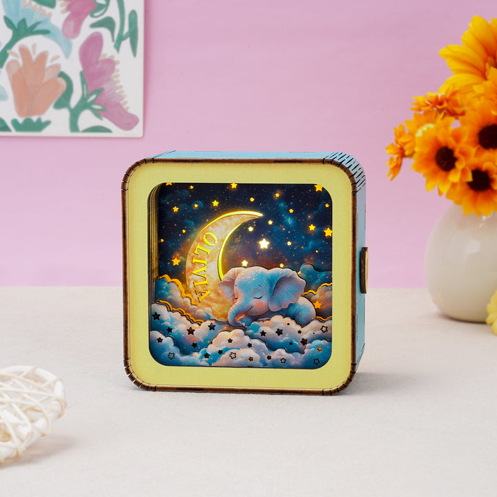 Personalized 3D Wooden Puzzle Baby Night Light - Sleeping Elephant & Moon