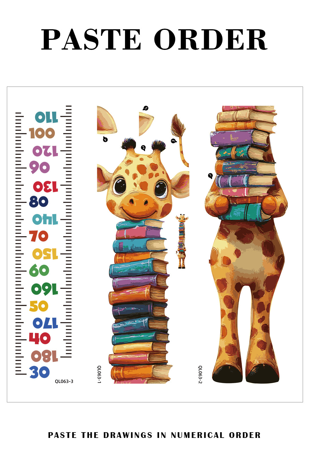 Cute Giraffe Holding Books Growth Chart Wall Decal