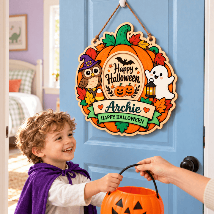 Personalized Kids Halloween Name & Photo Sign for Door & Wall Woodemon