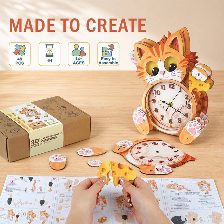 Cat Wooden Clock DIY 3D Puzzle for Kids Animal Learning Clock Woodemon