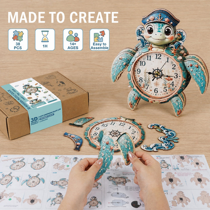 Turtle Wooden Clock DIY 3D Puzzle for Kids Animal Learning Clock Woodemon