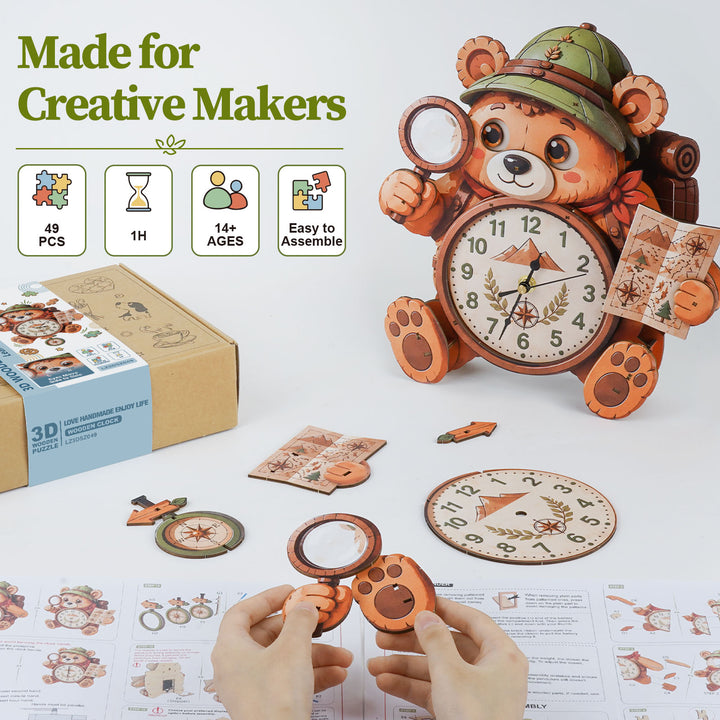 Bear Wooden Clock DIY 3D Puzzle for Kids Animal Learning Clock Woodemon