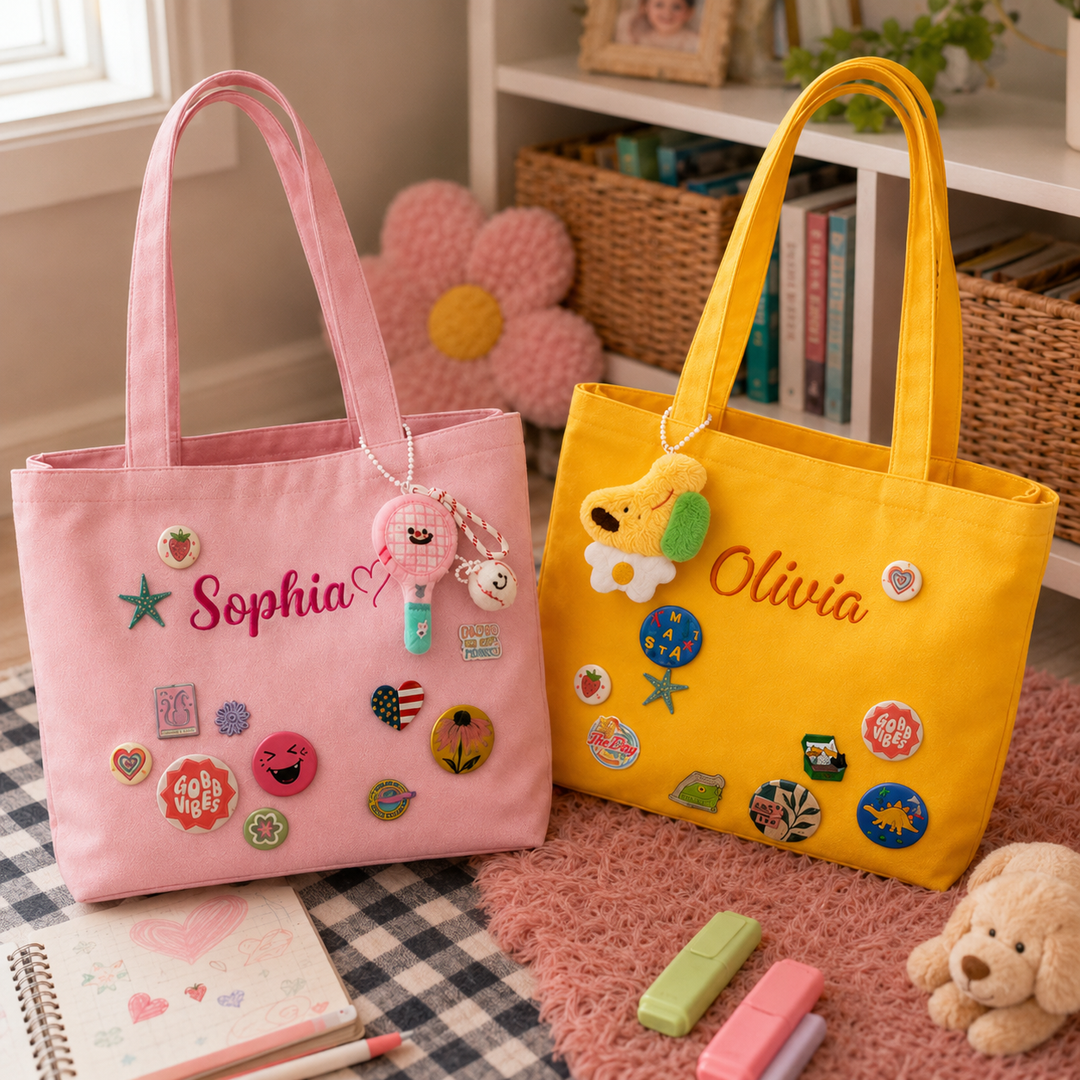 Personalized Embroidered Name Canvas Tote Bag with Decorative Badges sokidsun