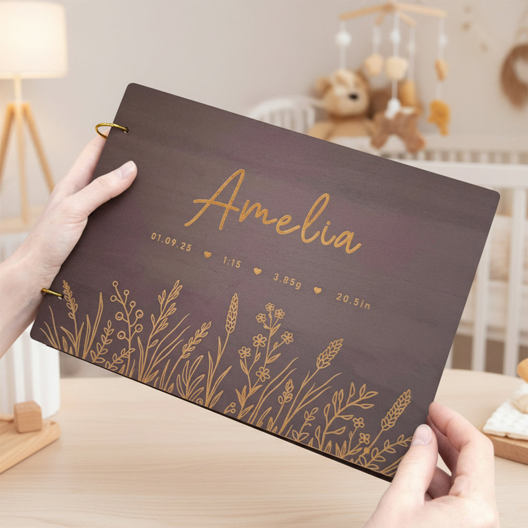 Personalized Wooden Baby Photo Album – Baby’s Name & Birth Information Engraved