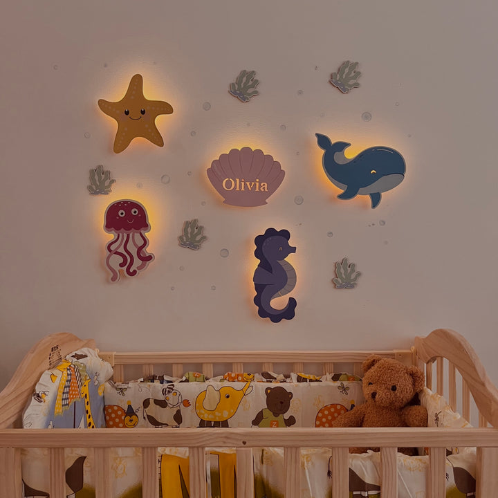Ensemble d'appliques murales personnalisées en bois pour chambre de bébé - Thème marin