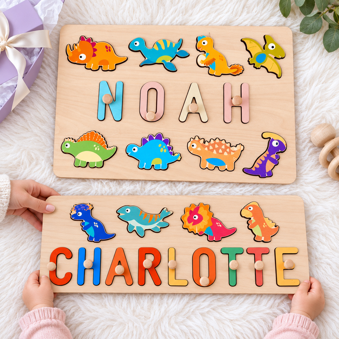 Personalized Wooden Baby Name Puzzle - Dinosaurs woodemon