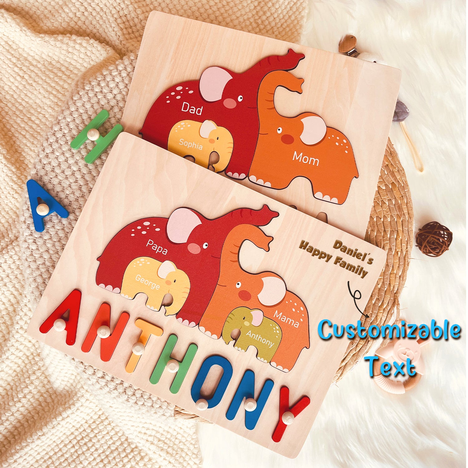 Personalized Wooden Baby Name Puzzle - Family Elephants