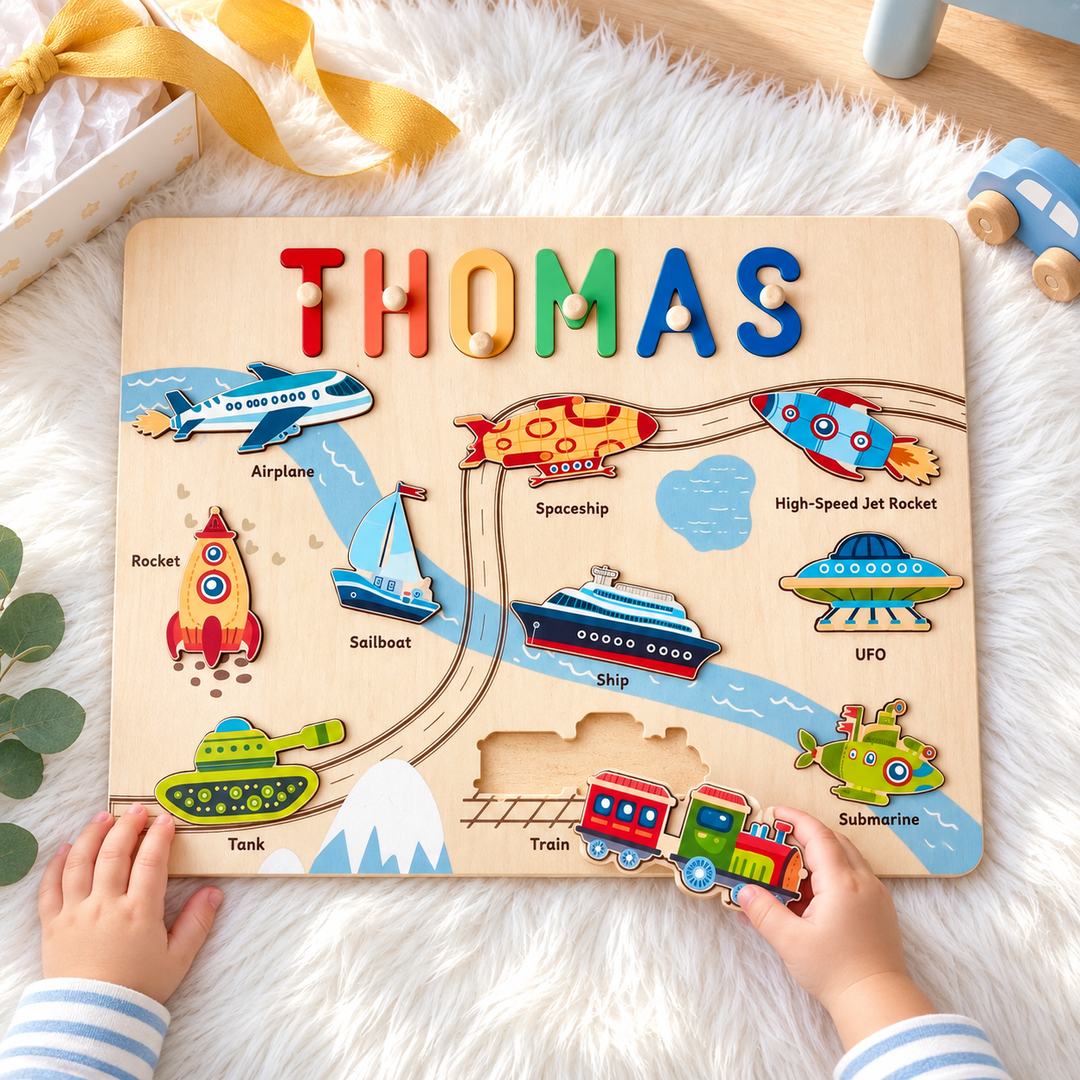 Personalized Wooden Name Puzzle - Vehicle Learning Toy for Toddlers woodemon
