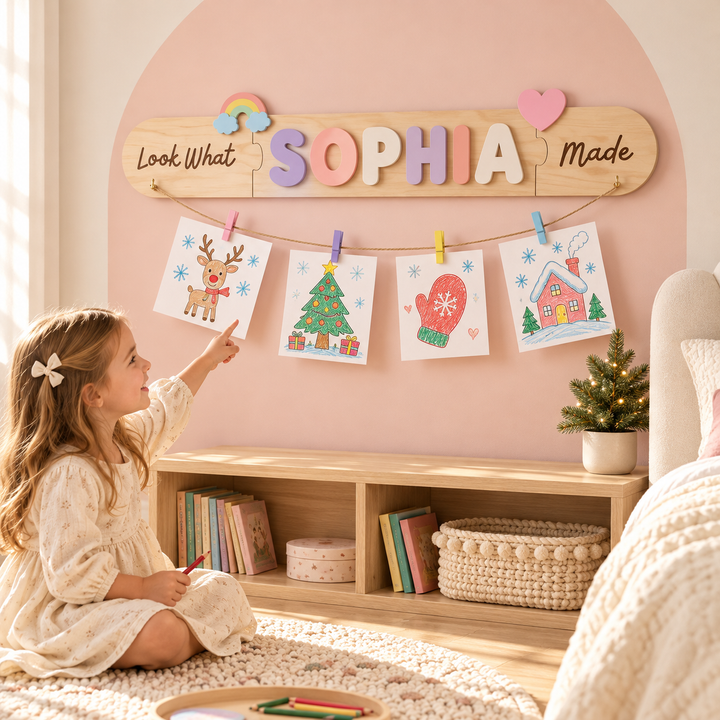 Personalized Kids Artwork Display Board with Wooden Name -Custom Kids Room Wall Decor Woodemon