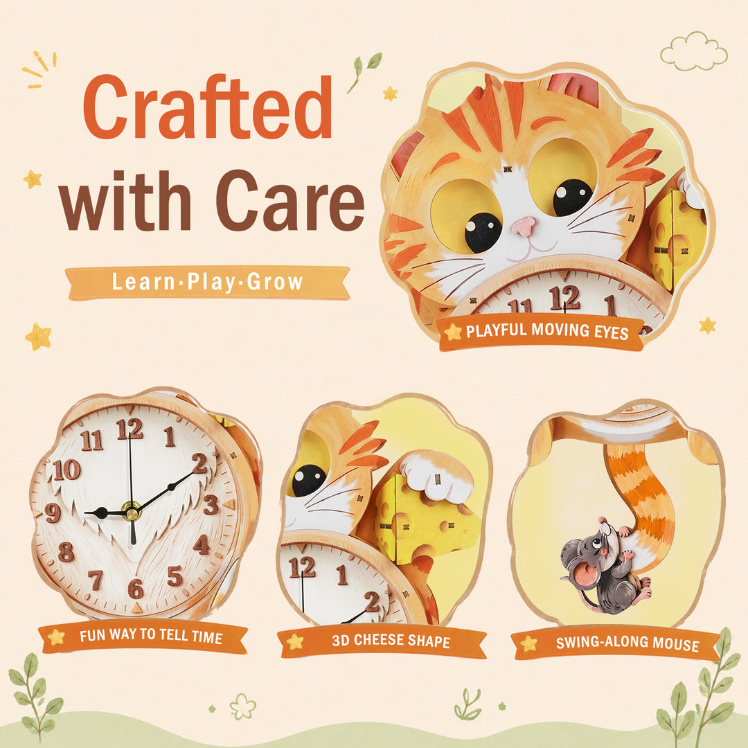 Cat Wooden Clock DIY 3D Puzzle for Kids Animal Learning Clock Woodemon