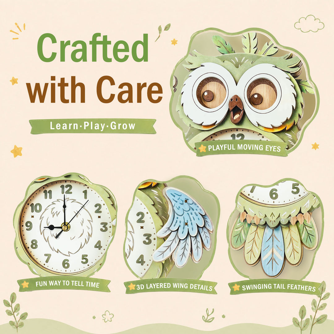 Owl Wooden Clock DIY 3D Puzzle for Kids Animal Learning Clock Woodemon