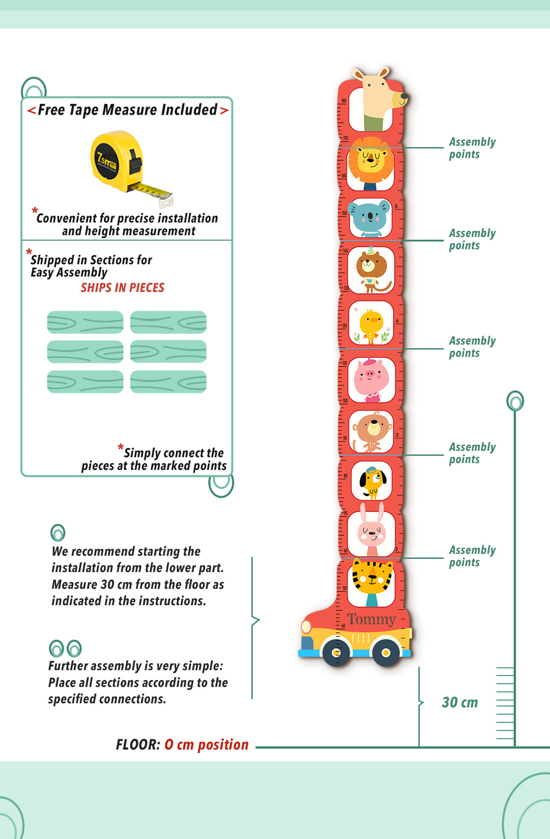 Personalized Wooden Safari Animal Growth Chart for Kids Woodemon
