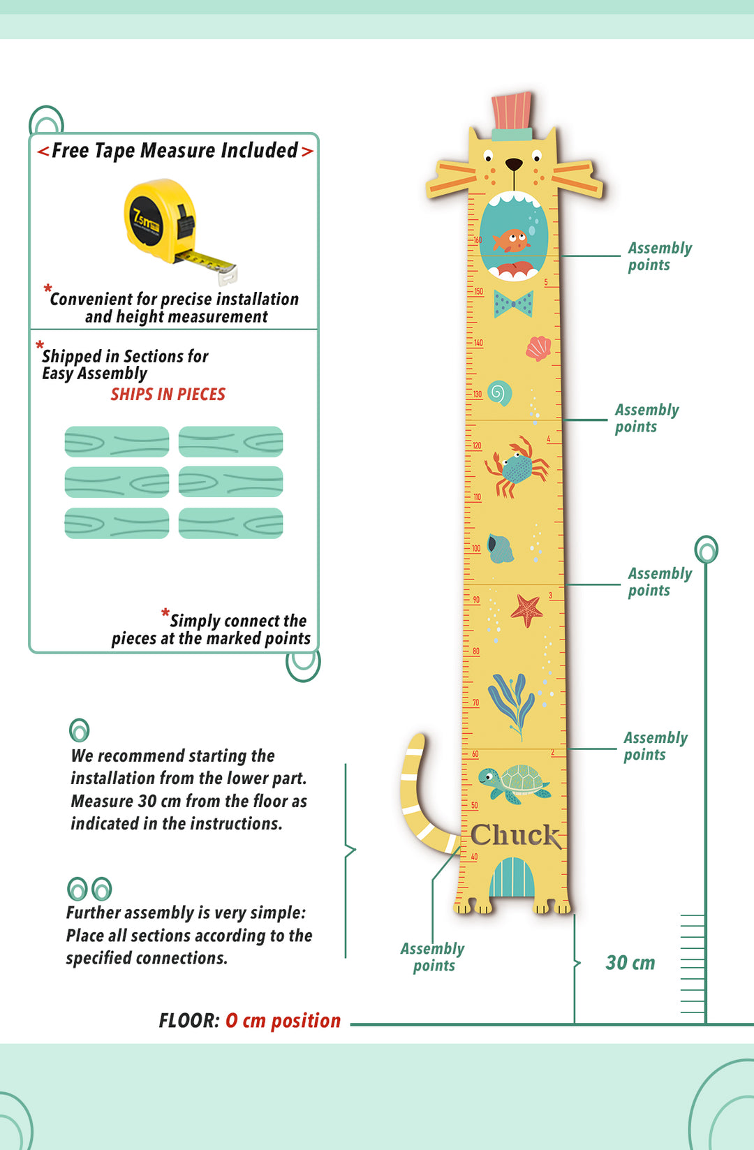 Personalized Wooden Cat Growth Chart for Kids Room