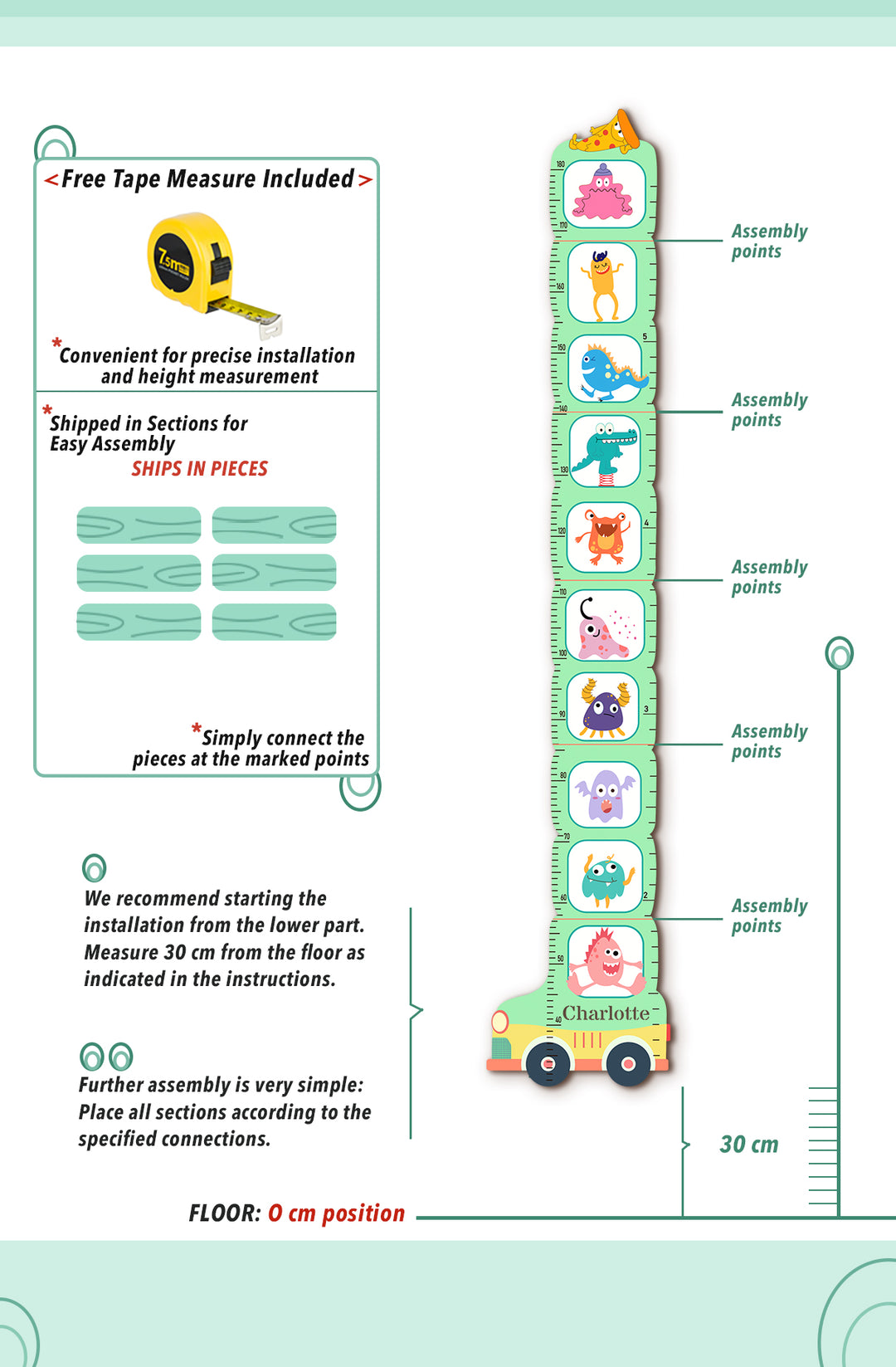 Personalized Wooden Monster School Bus Growth Chart for Kids Woodemon