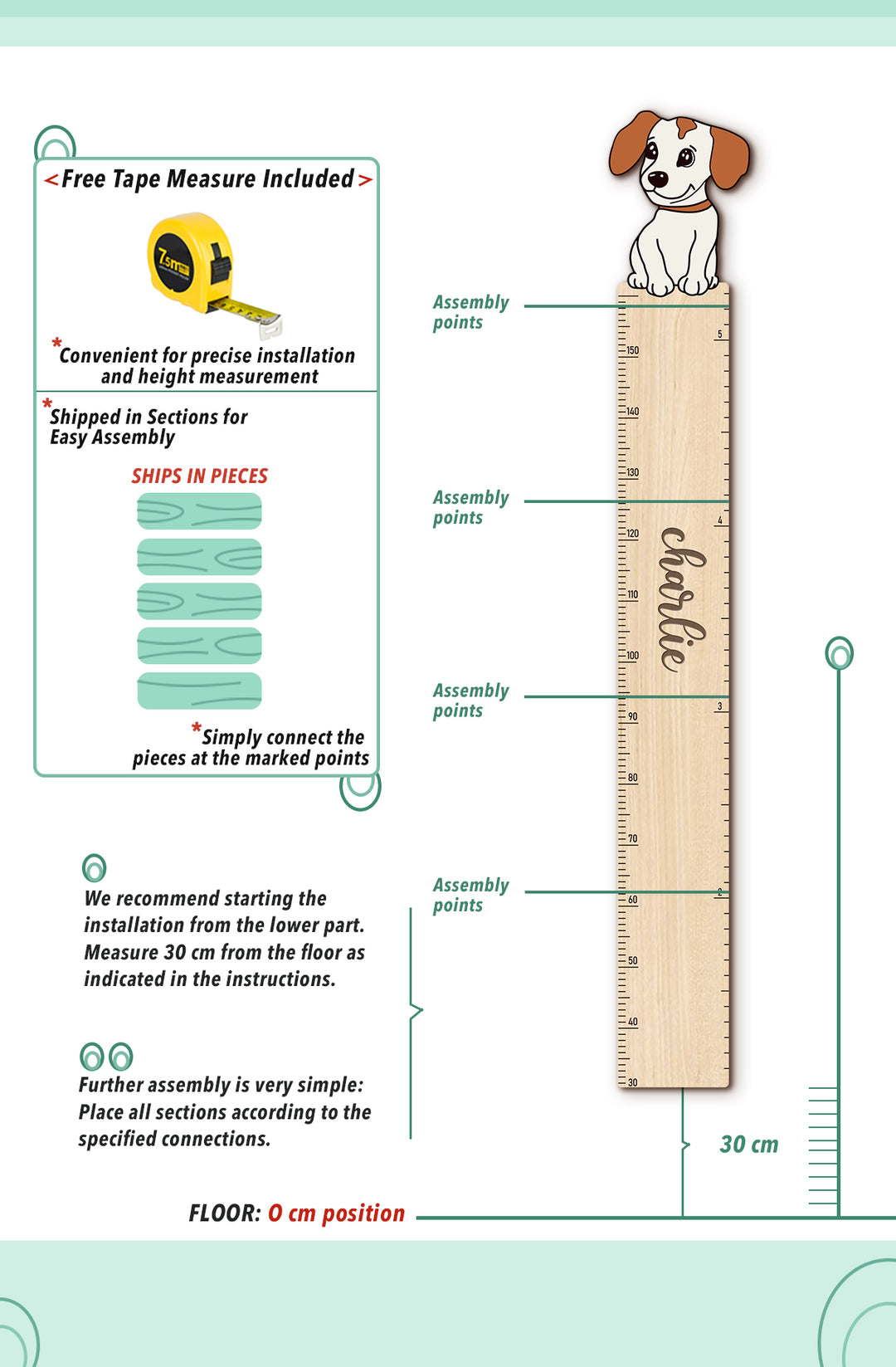 Personalized Wooden Puppy Height Growth Chart for Kids