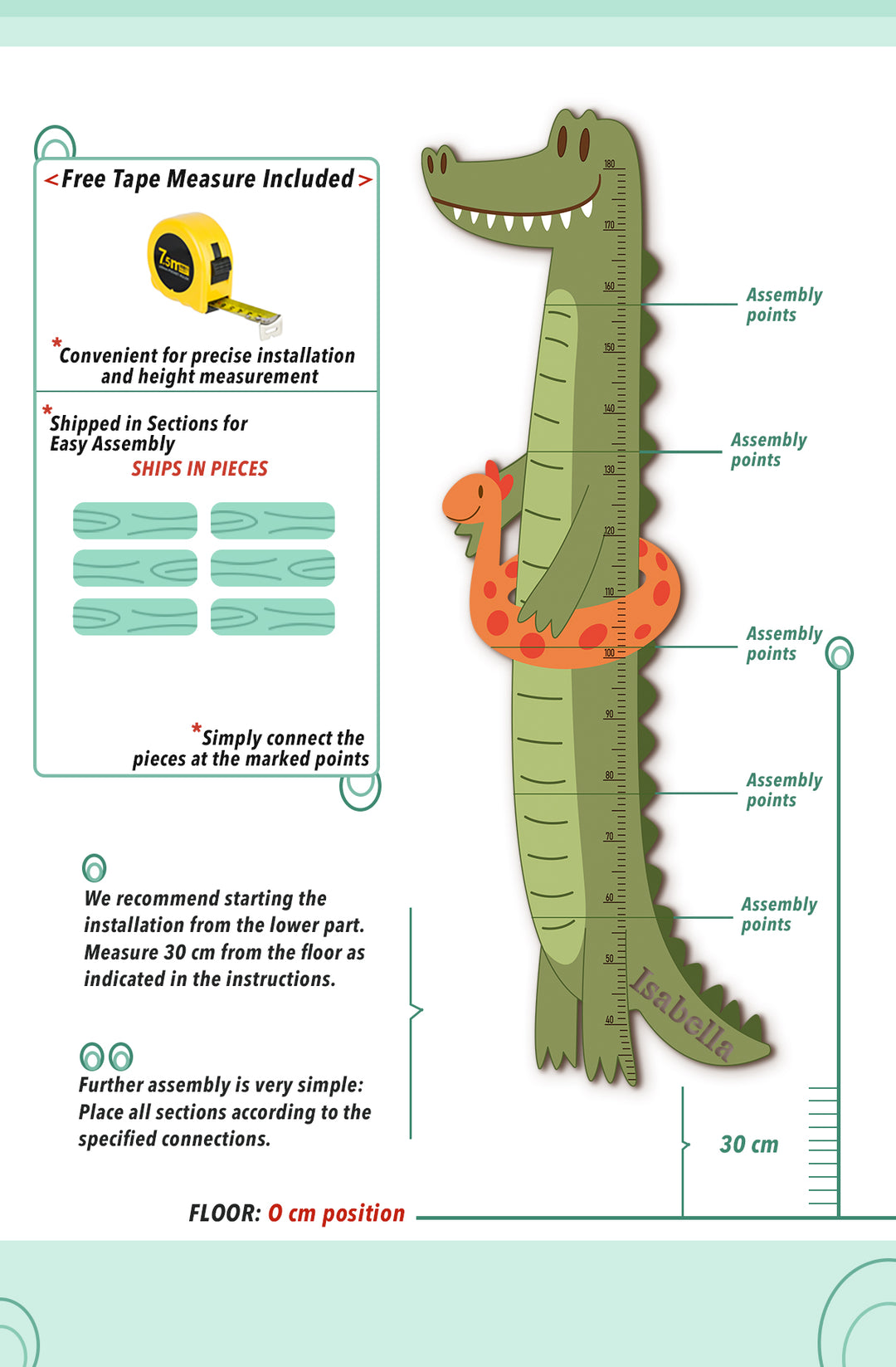 Personalized Wooden Crocodile Growth Chart for Kids Room Woodemon