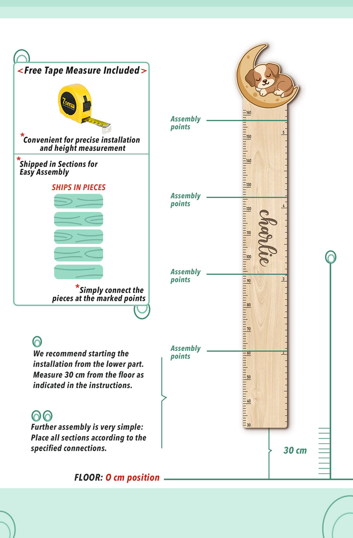Personalized Wooden Sleeping Puppy Moon Height Growth Chart for Kids