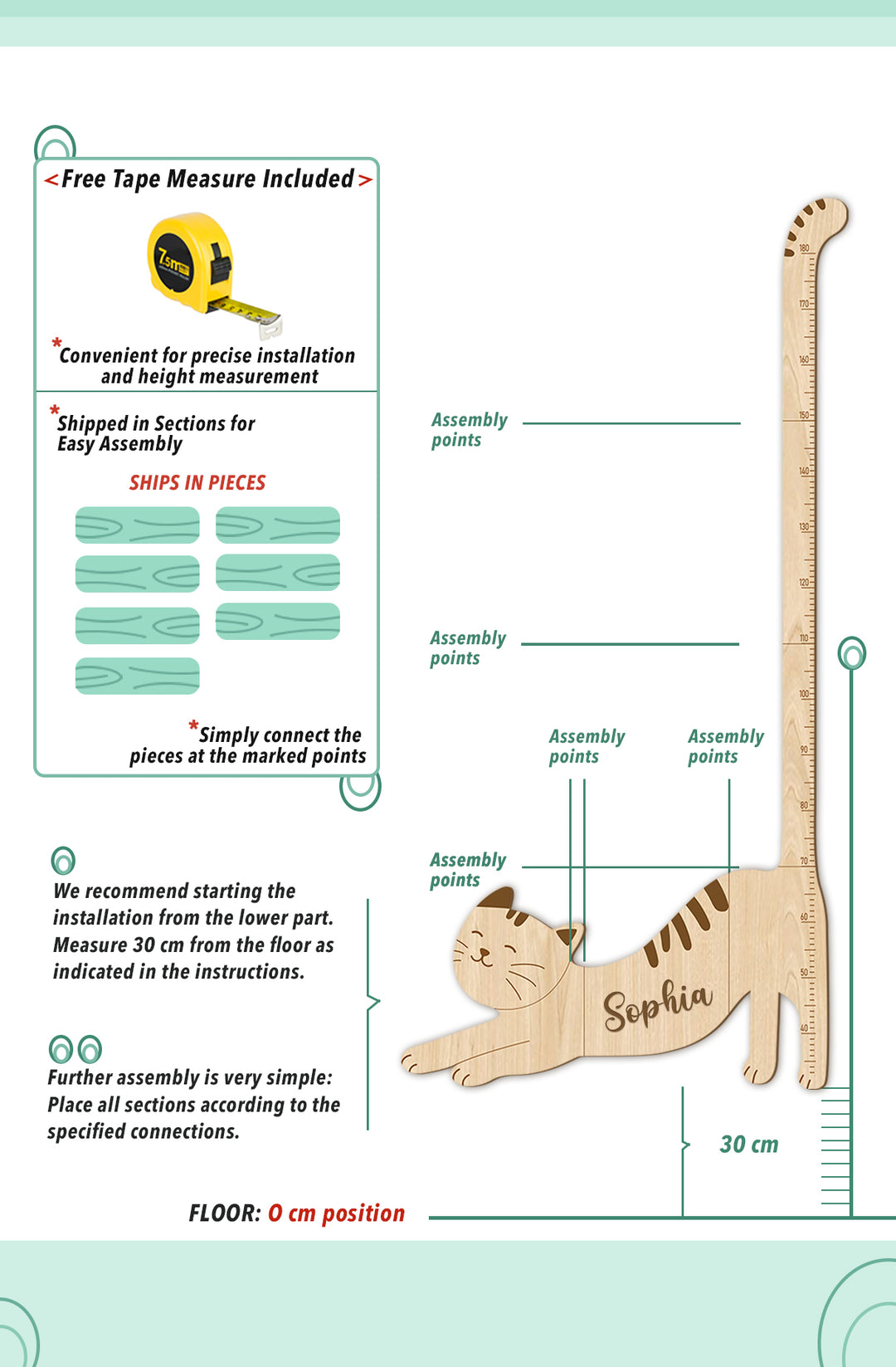 Personalized Wooden Cat Growth Chart for Kids Nursery Decor Woodemon