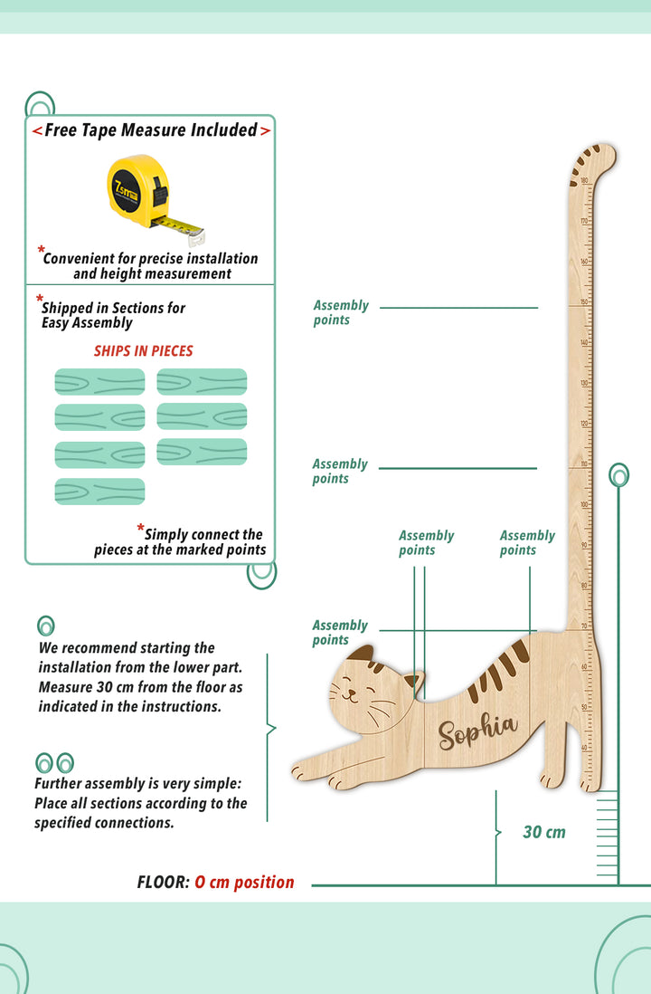 Personalized Wooden Cat Growth Chart for Kids Nursery Decor Woodemon