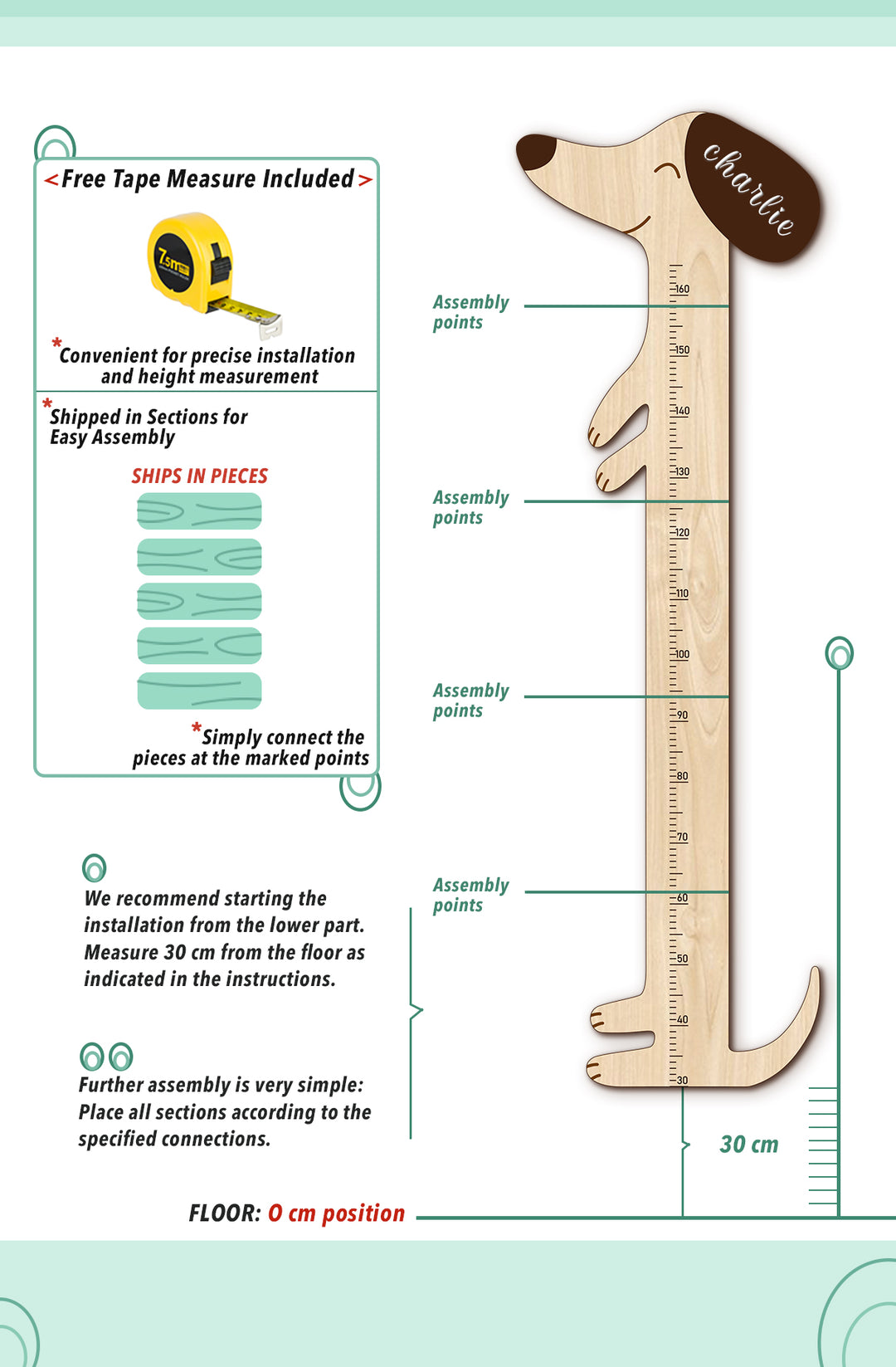 Personalized Wooden Dog Shape Height Growth Chart for Kids