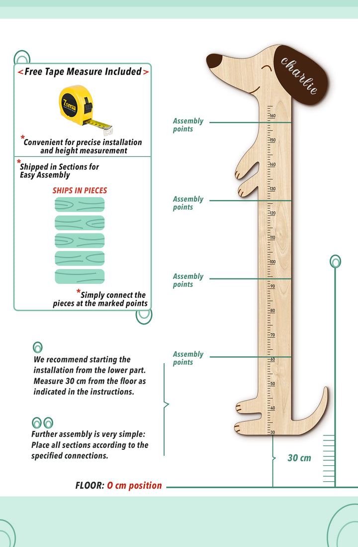 Personalized Wooden Dog Shape Height Growth Chart for Kids