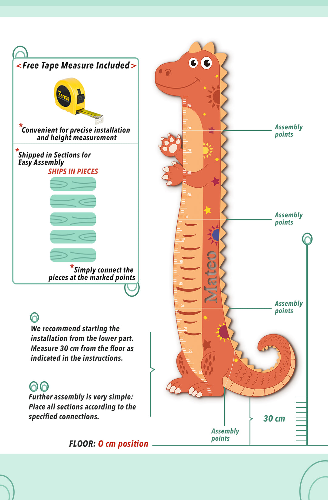 Personalized Wooden Dinosaur Growth Chart for Kids Room Woodemon