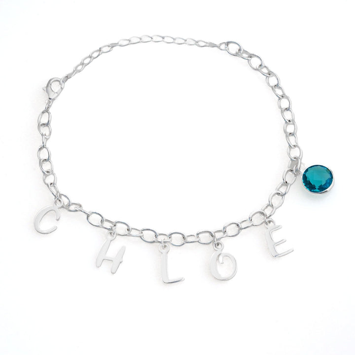 Sterling Silver Personalized Kids Letters and Birthstone Pendant Bracelet