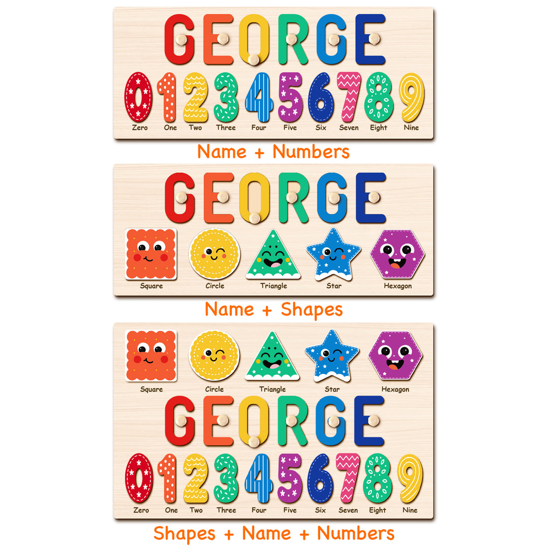 Personalized Wooden Name Puzzle with Numbers & Shapes woodemon