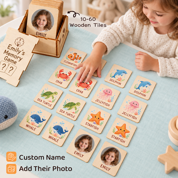 Personalized Wooden Ocean Animal Memory Matching Game for Kids Woodemon