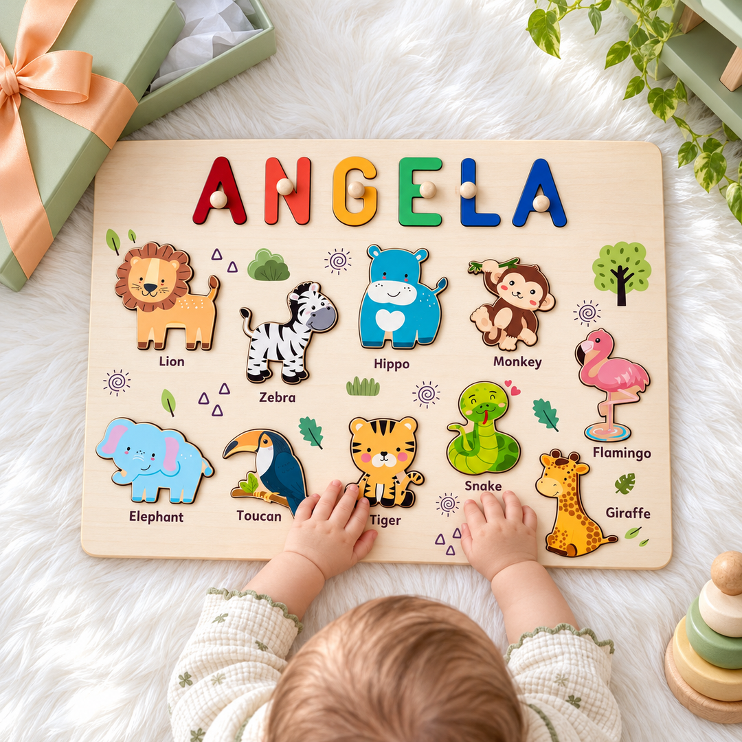 Personalized Wooden Name Puzzle - Safari Animal Learning Toy for Toddlers woodemon