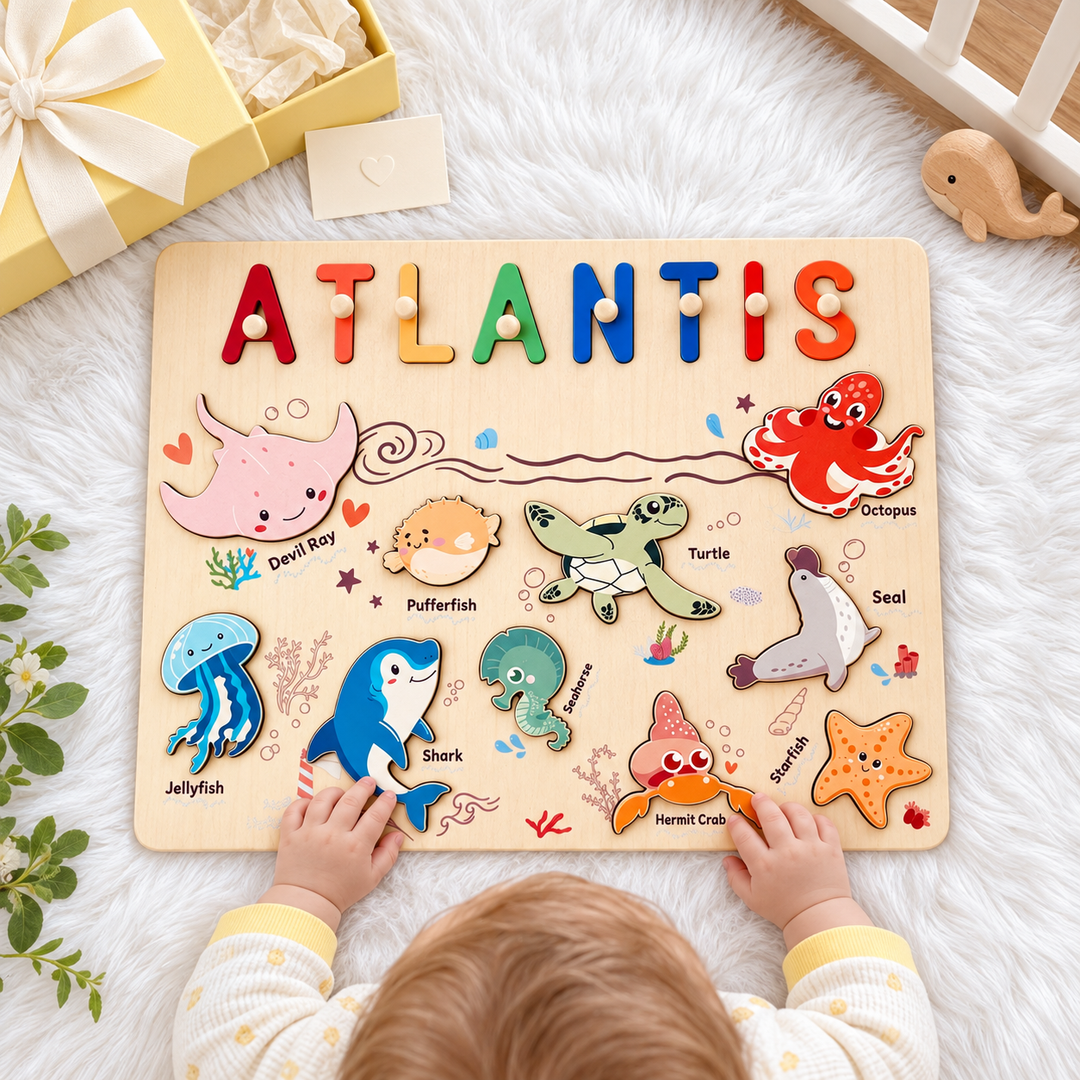 Personalized Wooden Name Puzzle - Ocean Animal Toy for Toddlers woodemon