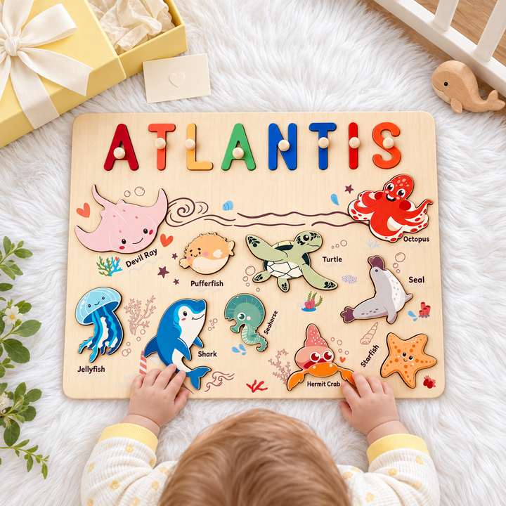 Personalized Wooden Name Puzzle - Ocean Animal Toy for Toddlers woodemon