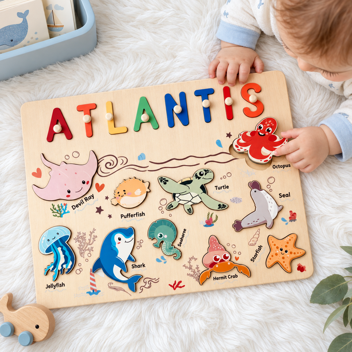 Personalized Wooden Name Puzzle - Ocean Animal Toy for Toddlers woodemon