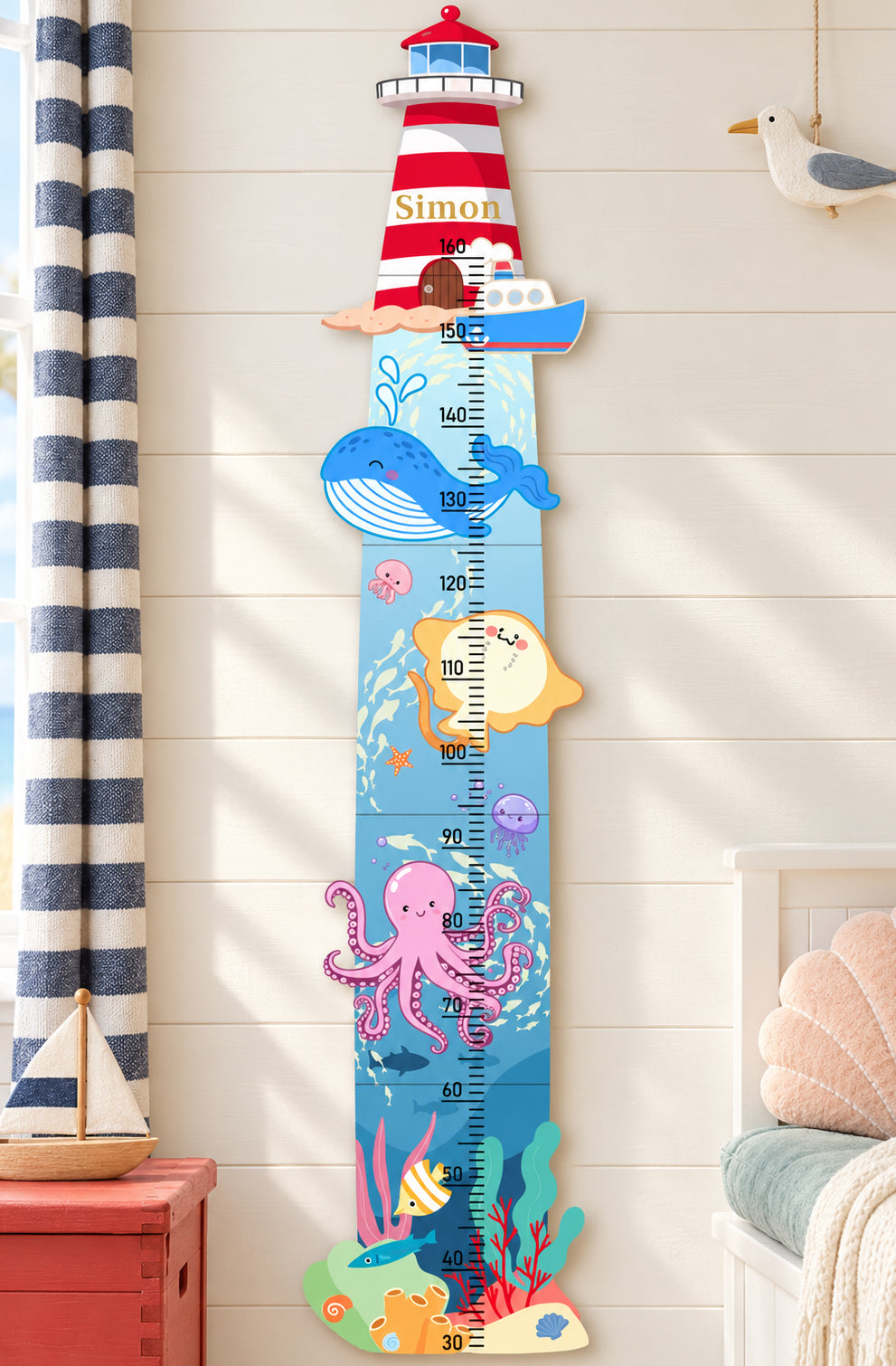 Personalized Wooden Nautical Sea Life Theme Growth Chart Woodemon