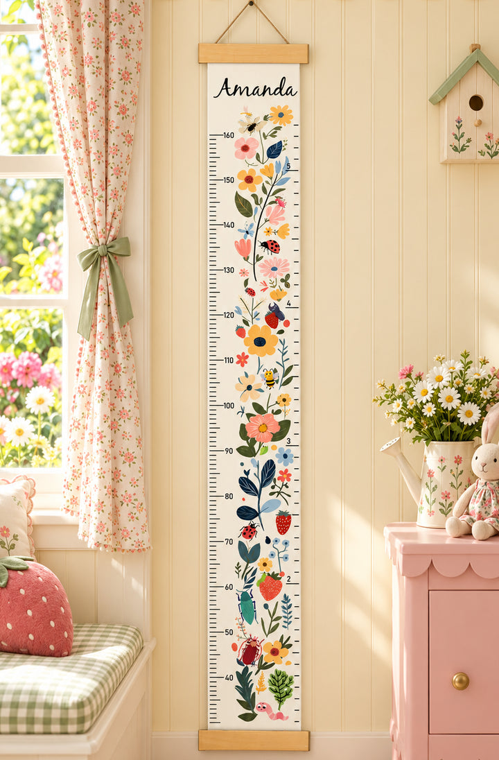 Personalized Floral Garden Hanging Canvas Height Ruler Woodemon