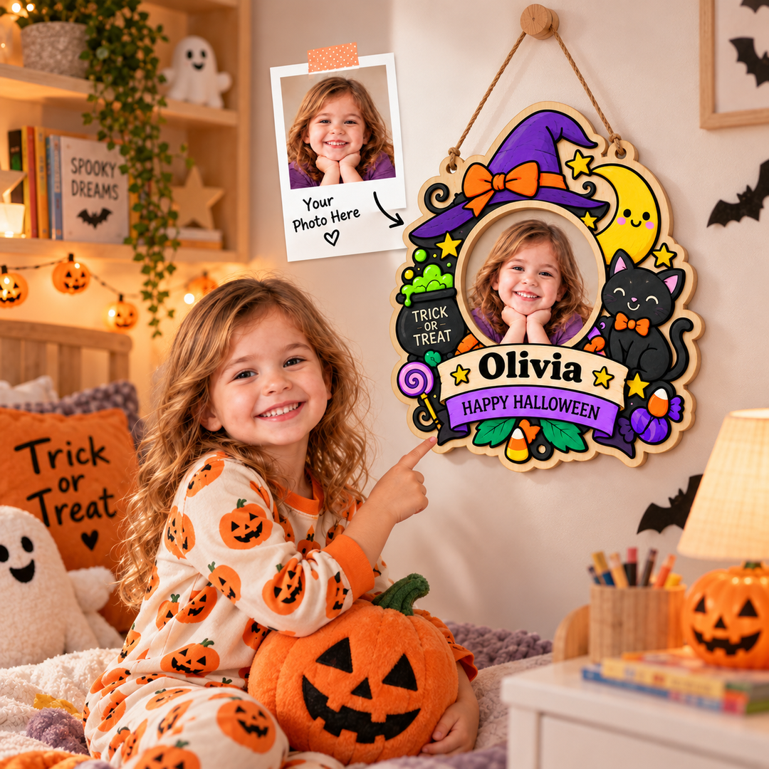 Personalized Kids Halloween Name & Photo Sign for Door & Wall Woodemon