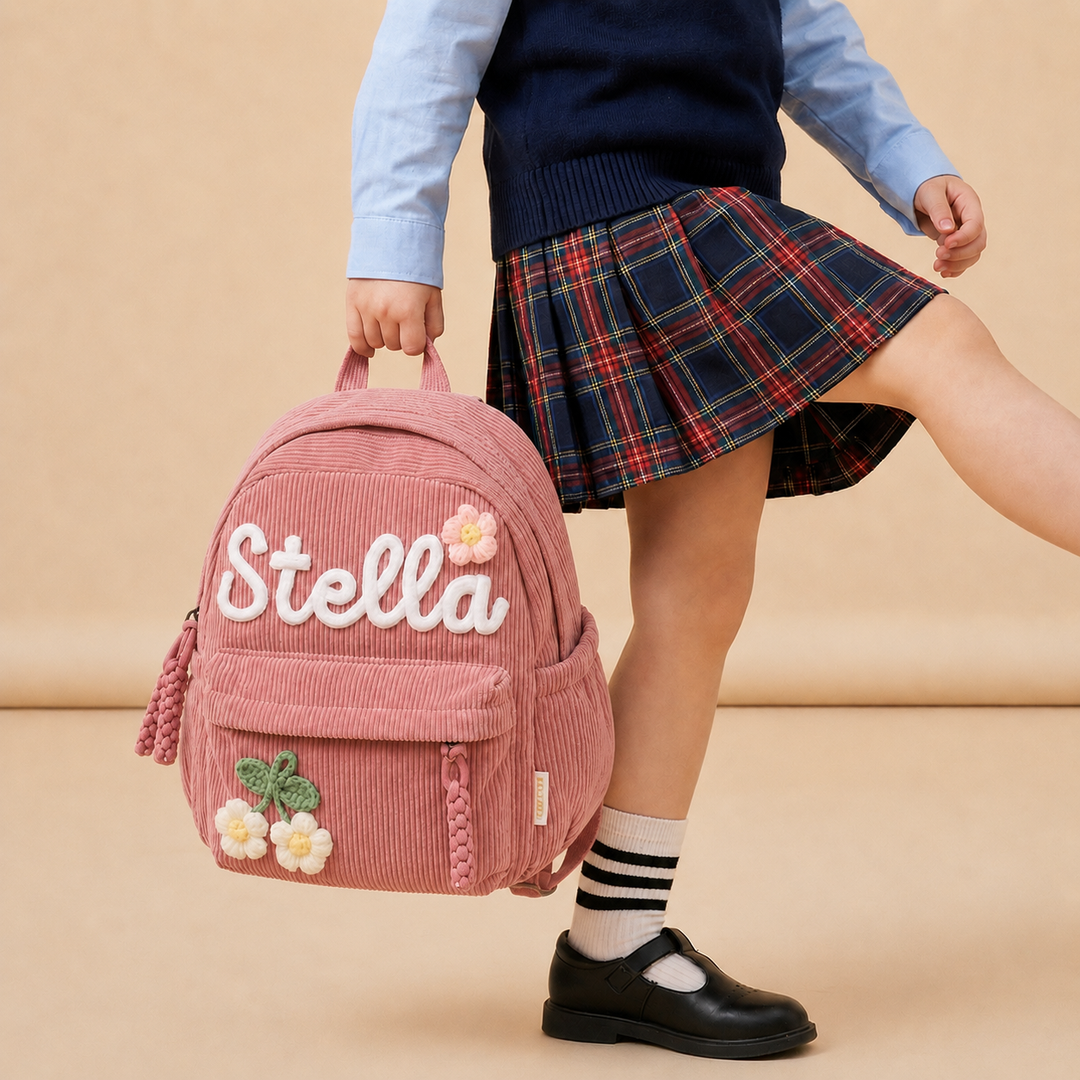 Personalized Kids Corduroy Back to School Backpack with Crochet Patches Woodemon