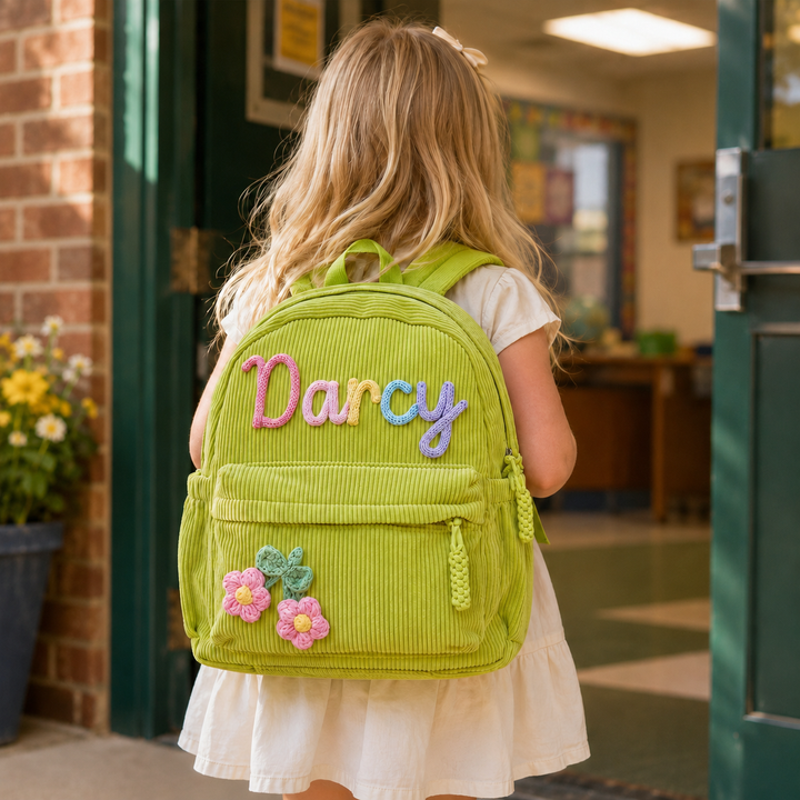 Personalized Kids Corduroy Backpack With Crochet Patches sokidsun