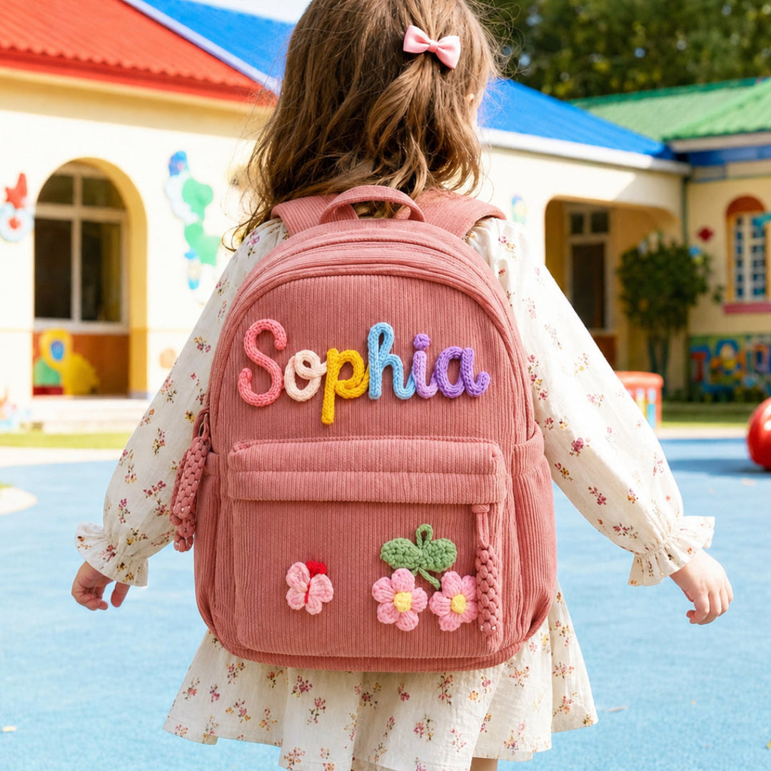 Personalized Kids Corduroy Backpack With Crochet Patches sokidsun