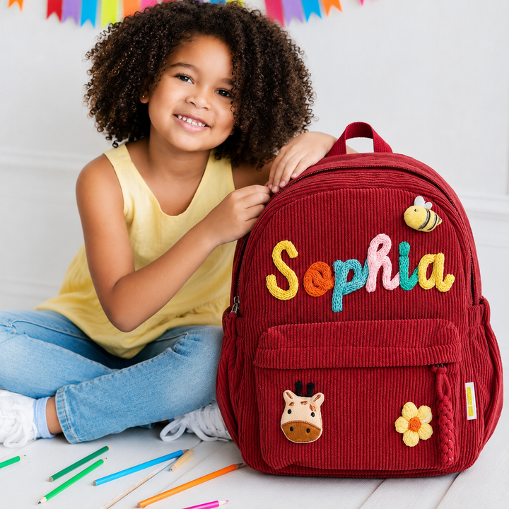 Personalized Kids Corduroy Backpack With Crochet Patches sokidsun