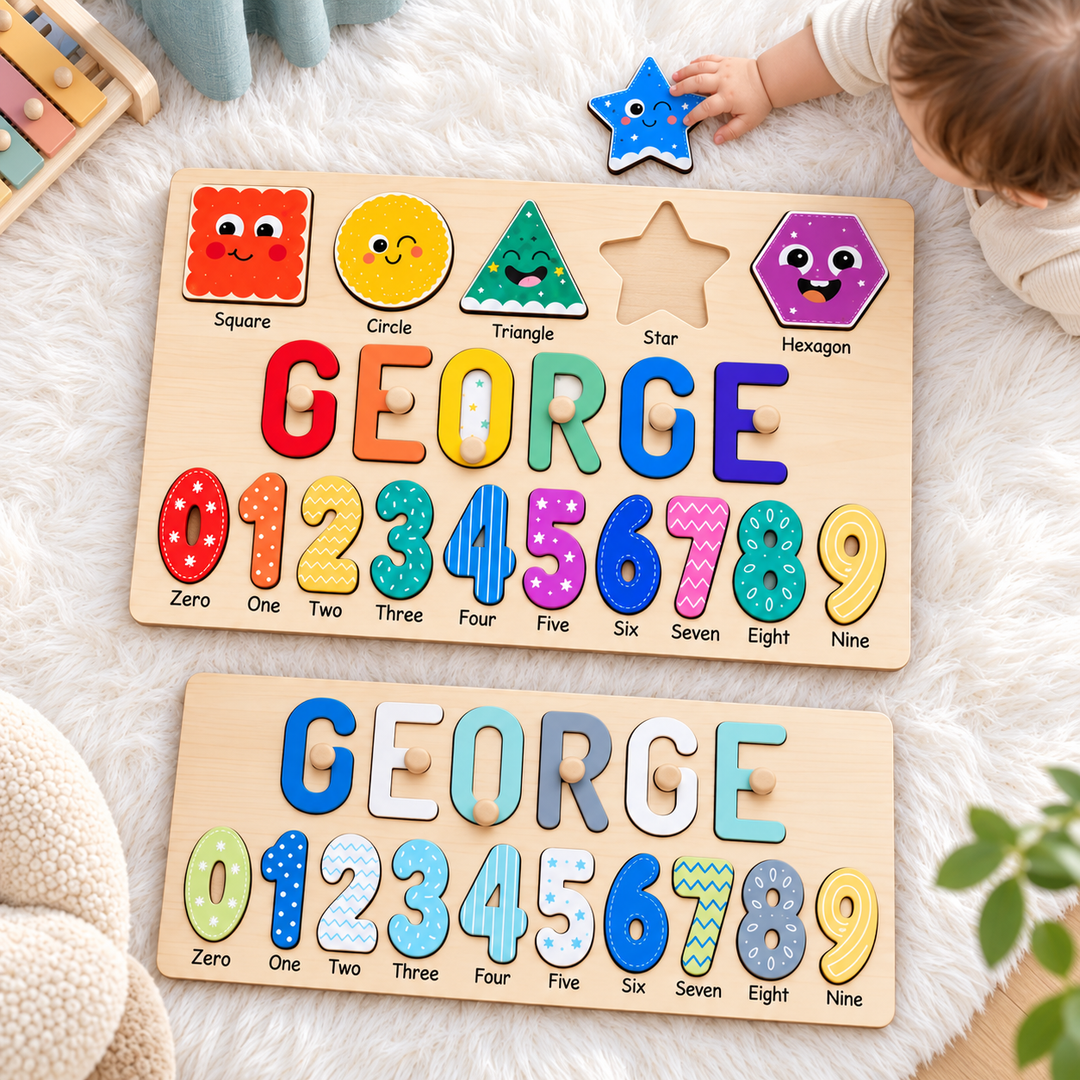 Personalized Wooden Name Puzzle with Numbers & Shapes woodemon