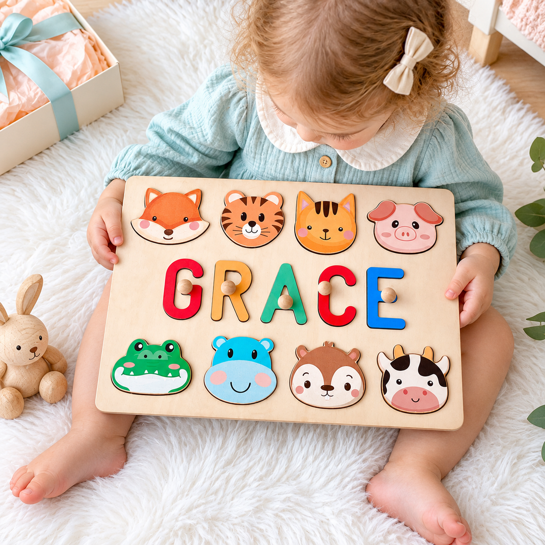 Personalized Wooden Baby Name Puzzle with Animals woodemon