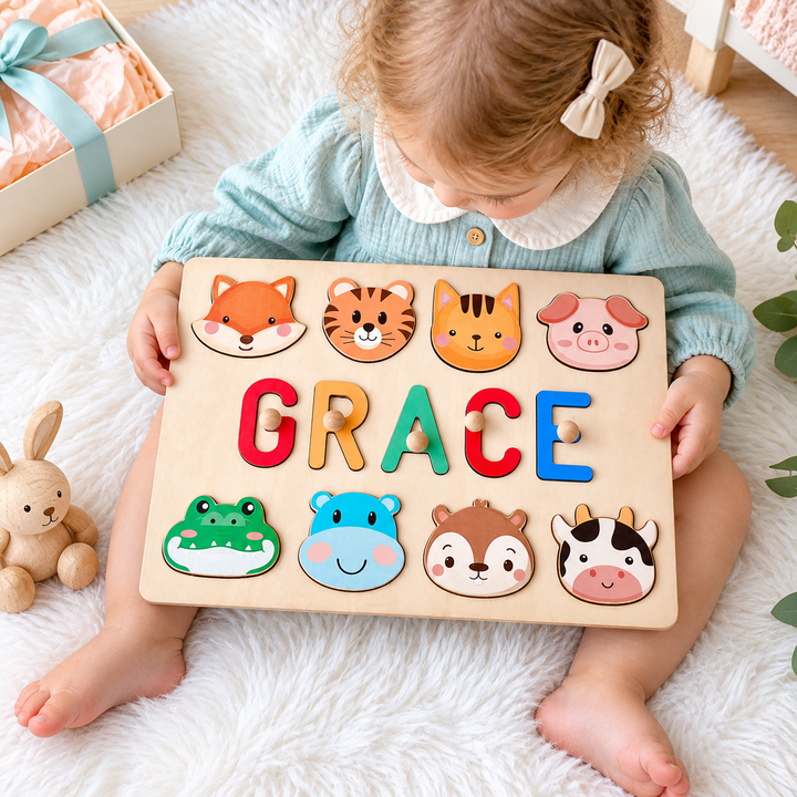 Personalized Wooden Baby Name Puzzle with Animals woodemon