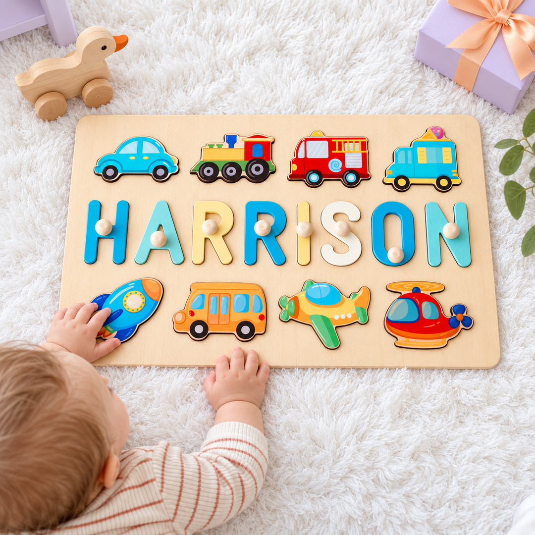 Personalized Wooden Baby Name Puzzle - Traffic woodemon