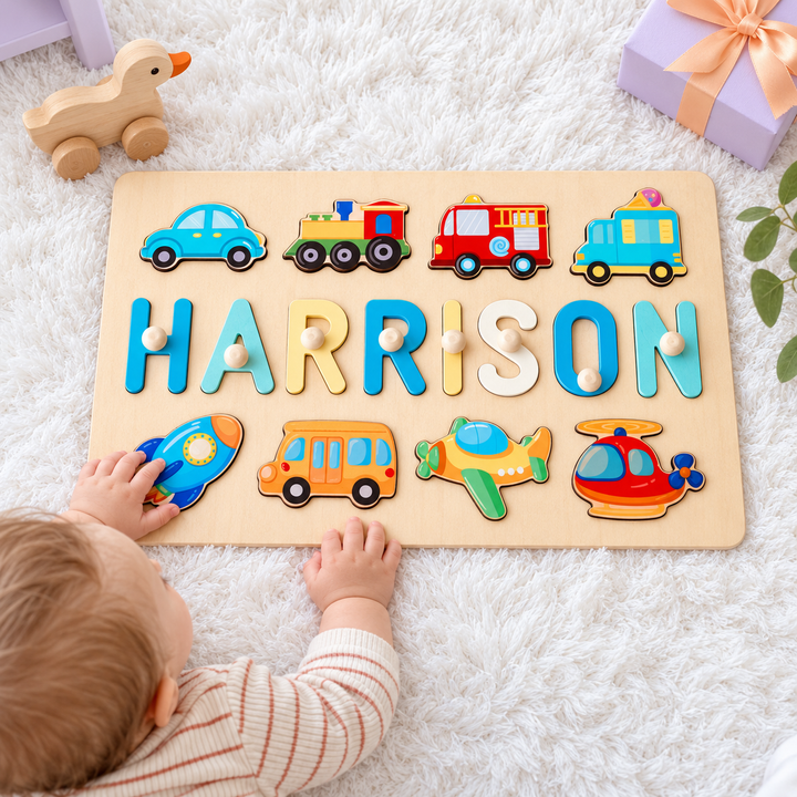 Personalized Wooden Baby Name Puzzle - Traffic woodemon