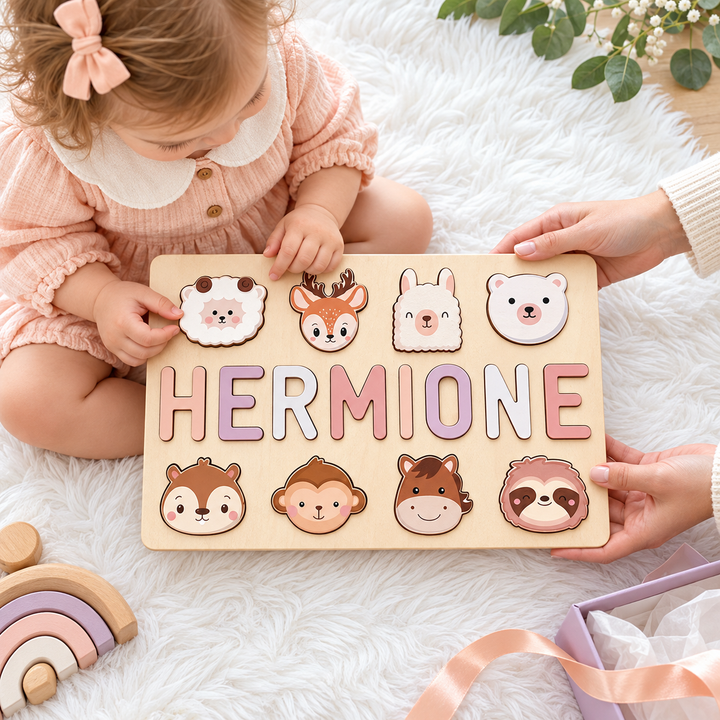 Personalized Wooden Baby Name Puzzle with Animals woodemon