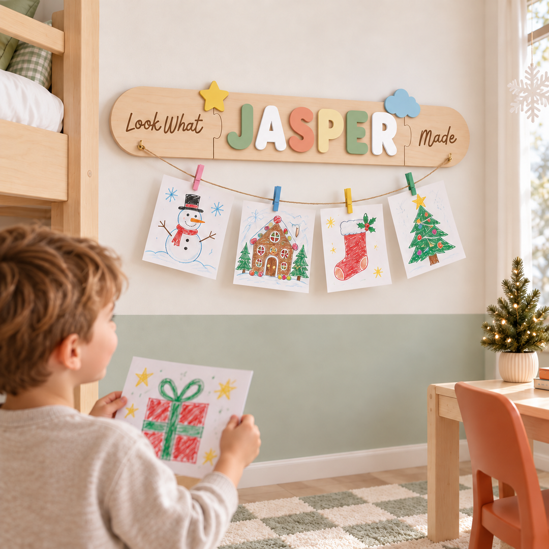 Personalized Kids Artwork Display Board with Wooden Name -Custom Kids Room Wall Decor Woodemon