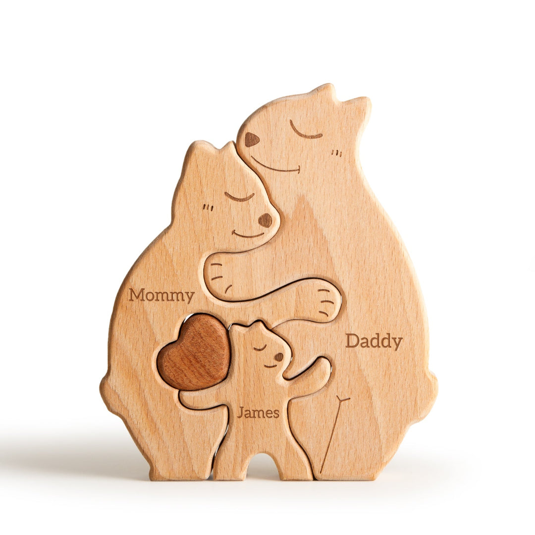 Personalized wooden bear family puzzle with carved names for a charming decor.