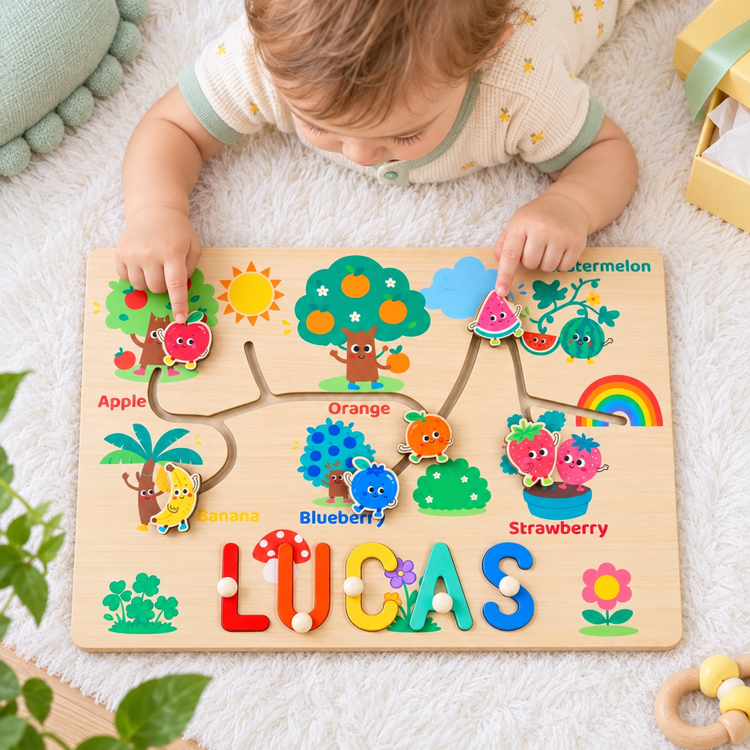 Personalized Montessori Fruit Sliding Name Puzzle Woodemon