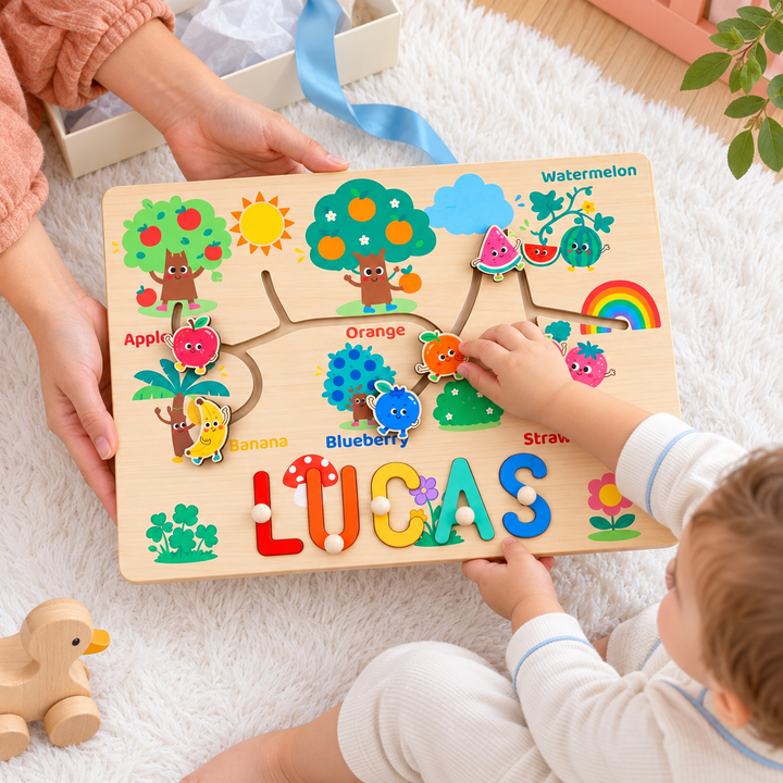 Personalized Montessori Fruit Sliding Name Puzzle Woodemon